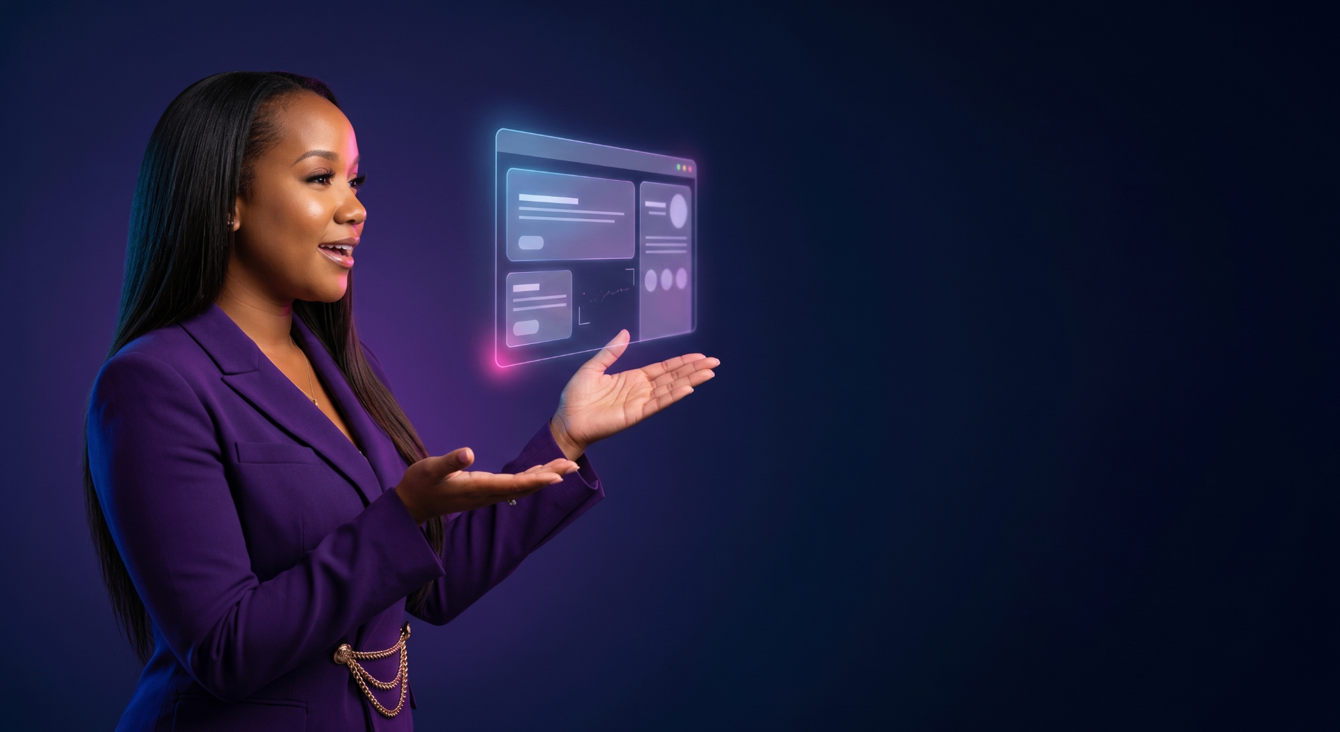Coach Algernae King in purple presenting a floating dashboard.