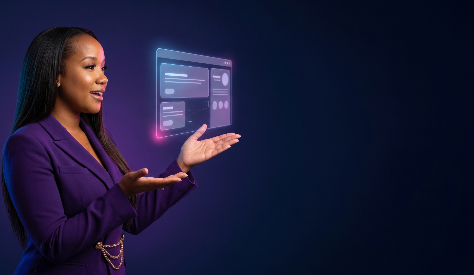 Coach Algernae King in purple presenting a floating dashboard.