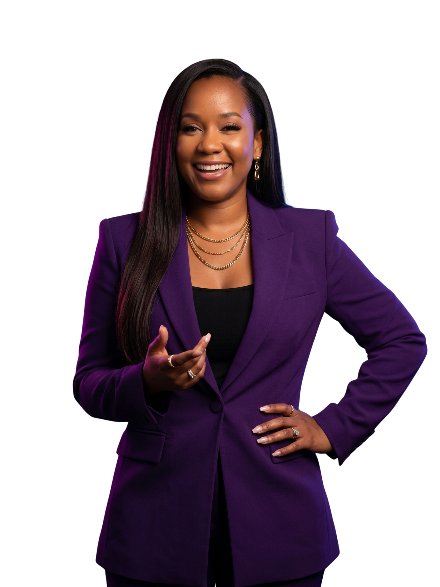 Coach Algernae King standing in a purple suit.
